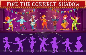 Cartoon circus clowns of find shadow kids game - vector EPS clipart