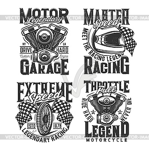 Racing sport and bike repair garage t-shirt prints - vector clip art
