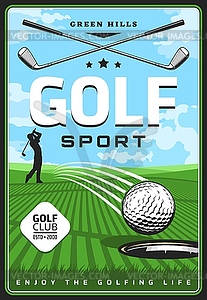 Golf course with golfer, ball, club retro poster - vector image