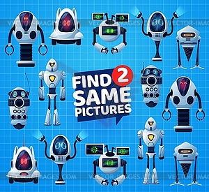 Find two same robots, kids maze game - vector image