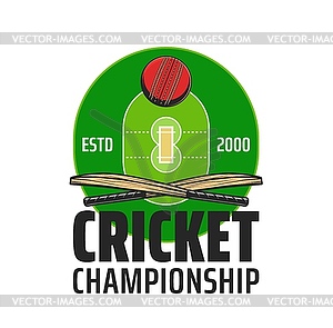 Cricket championship icon with game items, field - vector image