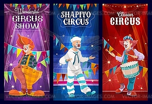 Shapito circus clowns, jesters and harlequin - vector image