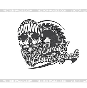 Brutal lumberjack skull with beard, woodwork saw - vector clip art