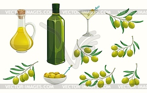 Green olives and oil, greek, italian food - vector clipart