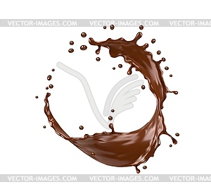 Chocolate milk round swirl splash with splatters - vector image