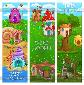 Cartoon fairy houses and gnomes dwellings, banners - color vector clipart