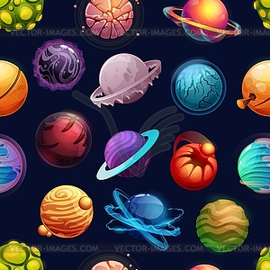 Cartoon futuristic planets, stars seamless pattern - vector clip art