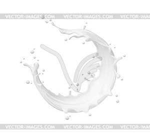 Milk round swirl frame splash with splatter drops - vector image