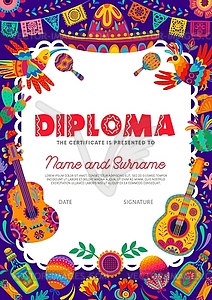 Kid diploma, Mexican guitars, maracas and cactus - vector clipart