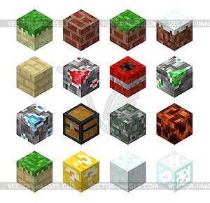 Pixel game blocks, eight-bit textures set - vector clip art