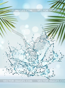 Water splash and palm leaves realistic background - vector image