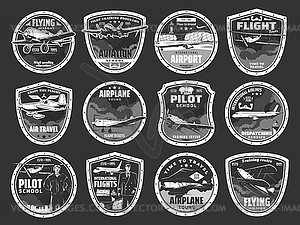 Aviation school, air tour and airline icons - vector clipart