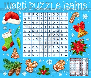 Christmas tree decorations, word search puzzle - vector image