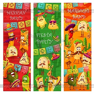 Mexican fiesta party banners with food characters - vector image