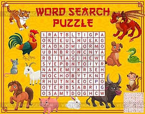 Chinese horoscope cartoon animals, word search - vector image