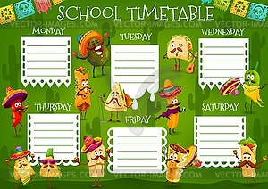 Kids school timetable with mexican fast food meals - vector image