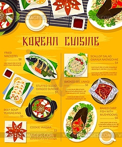 Korean cuisine menu, restaurant lunch food poster - vector image