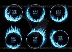 Round frames, blue gas fire flames or burning glow - vector image