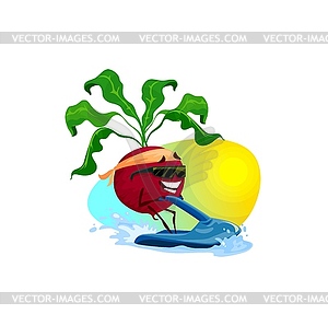 Radish cartoon character surfing, summer rest - vector image