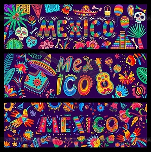 Мексиканские праздничные баннеры, черепа Day Dead, сомбреро - рисунок в векторном формате