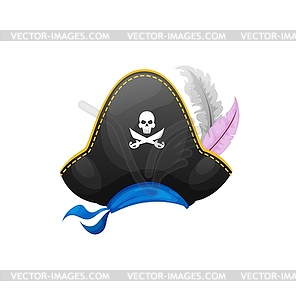 Filibuster pirate cap, cartoon tricorn cocked hat - vector image