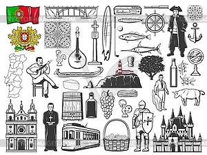 Portugal Lisbon travel, Portuguese tram, flag icon - vector EPS clipart