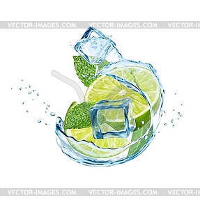 Water wave splash with lime, ice cubes and mint - vector clip art