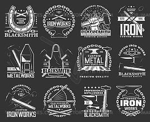 Blacksmith workshop, iron and metal works icons - vector clipart