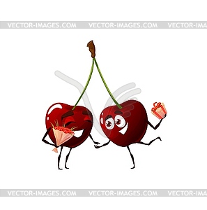 Cartoon couple, sweet cherry with flowers and gift - vector clipart