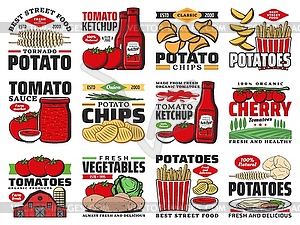 Tomato and potato food products, ketchup and chips - vector image