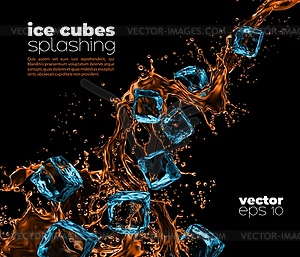 Blue ice cubes in whiskey, cognac or rum splashes - vector image