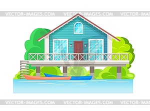 Modern house with wood plank facade by water, home - vector clipart