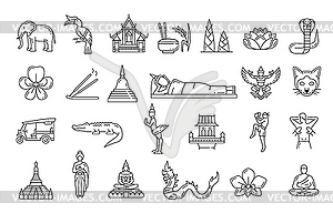 Thailand travel landmarks, thai national symbols - vector clipart