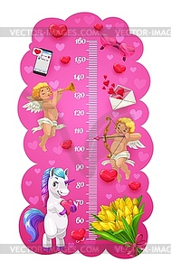 Cupids unicorn and love hearts kids height chart - color vector clipart