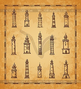 Antique map elements, lighthouse, beacon sketches - vector clip art
