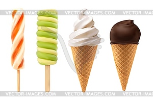 Soft serve realistic ice cream caramel waffle cone - vector clip art