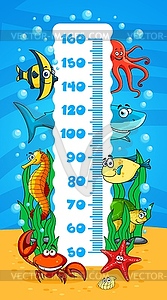 Kids height chart, underwater cartoon sea animals - royalty-free vector clipart