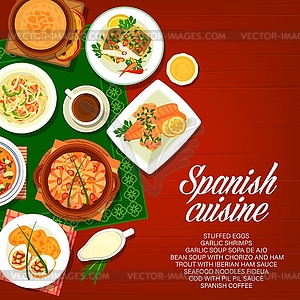 Spanish food, Spain cuisine dishes, meals, snacks - color vector clipart