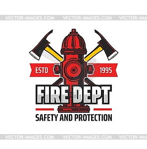 Firefighting icon, red hydrant and crossed axes - vector image