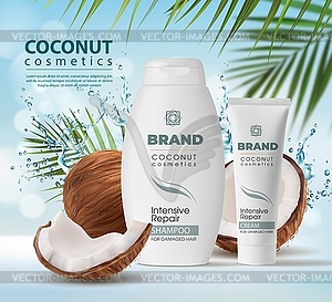 Coconut cosmetics, shampoo and cream packagings - vector clipart