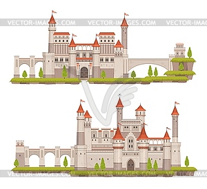 Cartoon medieval fairytale castle, towers, gates - vector image