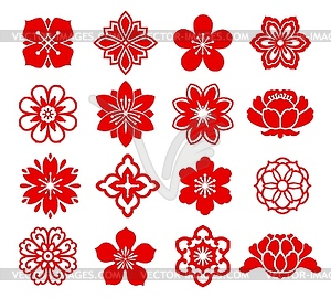 Red Asian floral pattern, Chinese, Japanese flower - color vector clipart