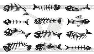 Fish bone icons, fishbone skeleton silhouettes - vector clipart
