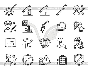 Virus vaccine and people vaccination line icons - white & black vector clipart