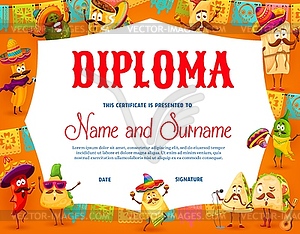 Mexican cuisine chef kid diploma with mexican food - vector image