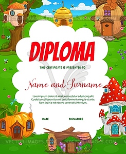 Kids diploma with cartoon fairy houses on trees - vector clipart / vector image