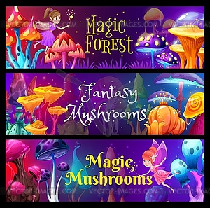 Fairy in fantasy magic mushroom forest banners - vector clip art