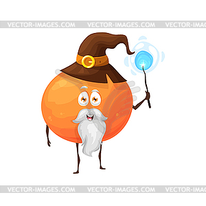 Cartoon orange fruit wizard or magician character - vector clipart