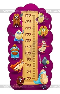 Cartoon nut superheroes, kids height chart ruler - vector clip art