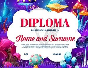 Kids diploma with fantasy magic mushrooms - color vector clipart